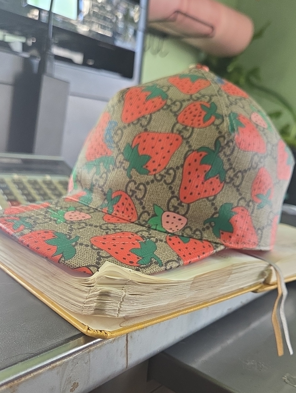 Authentic Gucci Strawberry Monogram Cap - Red & Green on Beige NWOT